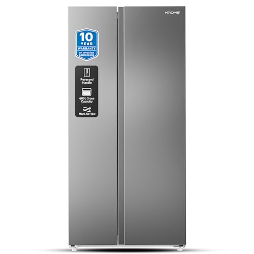 KROME 600L Gross, Side By Side Refrigerator with Multi Air Flow System, Door Alarm, No Frost Cooling System, 10 Year Compressor Warranty, Silver- KR-SBS601SM