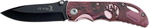 Elk Ridge - Outdoors Folding knife - Black Stainless Steel Blade, Purple Camo Coated Pink Aluminum Handle, Pocket Clip - EDEC, Hunting, Camping, Survival - ER-134PC, One Size