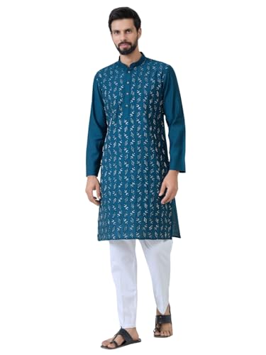 Image of See Designs Men's Full Sleeve Mandarin Collar Ethnic Motifs Embroidered Sequinned Mandarin Collar Straight Long Kurta with Pyjama - Festive Collection