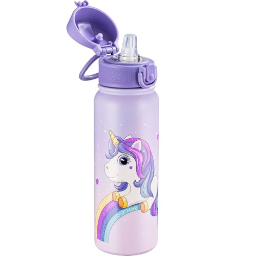 OLDLEY 20 Oz Insulated Stainless Steel Water Bottle For Kids With Straws Leak-proof Kids Water Bottles For School Boys Girls Magic Unicorns