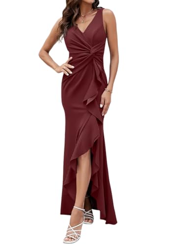 shownicer Damen Kleid Elegant Abendkleider Kurzarm V-Ausschnitt Sommerkleid Knielang A-Linie Kleid Cocktailkleid mit Rüschen Saum Ballkleid...