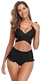 SHEKINI Damen Volants Bikini Set V-Ausschnitt Crossover Verstellbar Oberteil Zweiteiliger Badeanzug High Waist Bikinihose Bauchweg Bademoden für Frauen(S,Schwarz)
