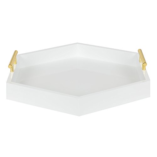 Image of Kate and Laurel Lipton Hexagon Decorative Tray with Polished Metal Handles, White and Gold
