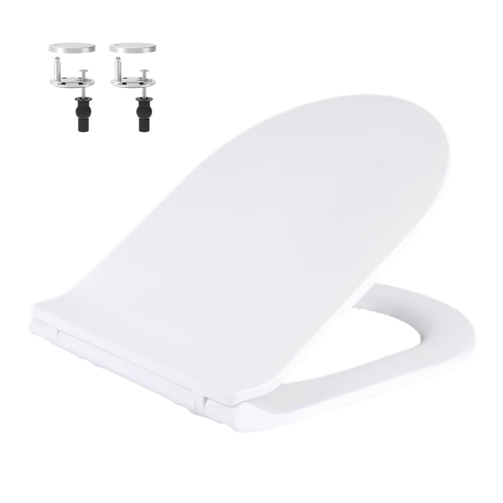 Soft Close Lightweight PP Toilet Seat for D Shaped Toilets, White, Anti-Bacterial Bathroom Bowl Loo Cover Durable Adjustable Hinges Quick Release Soft Close with Fixings (D Shaped (47cmx36cm)