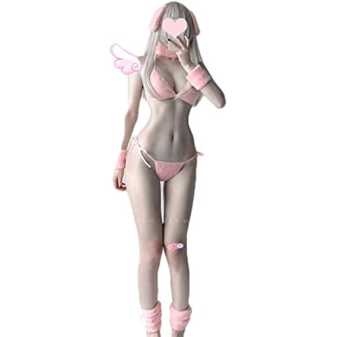 Women Sexy Lingerie Set Furry Bunny Cosplay Costume Japanese Anime Micro Bikini Pink Bra and Panty Lolita Underwear Cover
