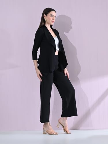 Image of Women's Solid Relaxed Fit 3 /4 Sleeve Cotton Blend Co-ord Blazer and Trouser Set