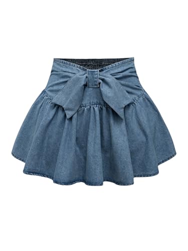 WDIRARA Women's Y2k Bow Pleated Mini Jean Skirts Ruffle Hem Smocked Belted A Line Denim Skirt