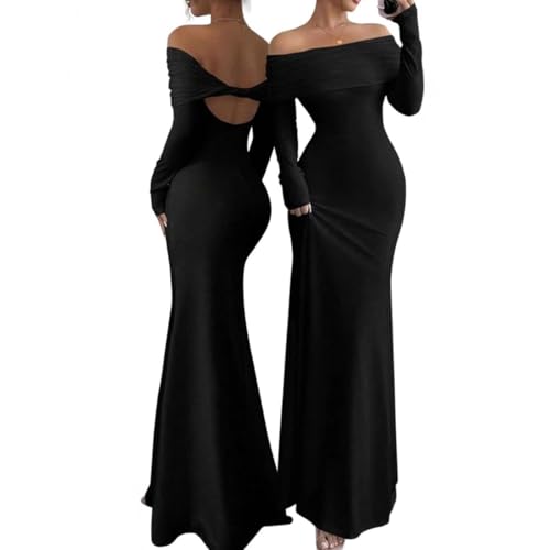 JYIXXZX Kleid Langes Damen Sexy Langarm Rückenfreie Figurbetontes Maxikleid Schulterfreies Kleider Bodycon Lang Elegant Hochzeit Abendkleid...