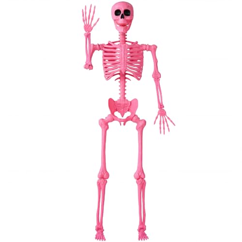 Image of JOYIN 5.6 FT Halloween Posable Skeleton Life Size, Giant Outdoor Yard Skeletons, Pink Plastic Skeleton with Movable Joints for Haunted House Props, Halloween Decorations, Spooky Scary Skeletons Party