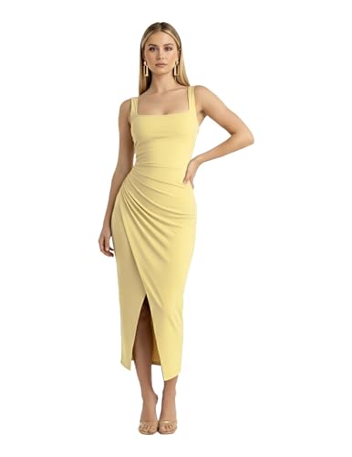 Image of Women's Sleeveless Midi Dress, Square Neck, Ruched Side, Bodycon Style with Slit