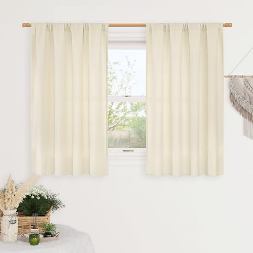 Image of LAMIT 48 Inch Short Window Linen Curtains, Light Beige Soft Thick Light Filtering Panels Rod Pocket Neutral Privacy Faux Linen Drapes for Bedroom /Bathroom /Loft Room, 2 Panels, 42 x 48 Inch