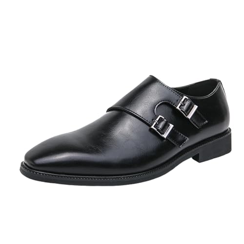 Men's Leather Flats Slip-on Loafers with Double Monk Strap Retro Low Top Pointed Toe Dress Monkshoes for Formal Business Party Wedding