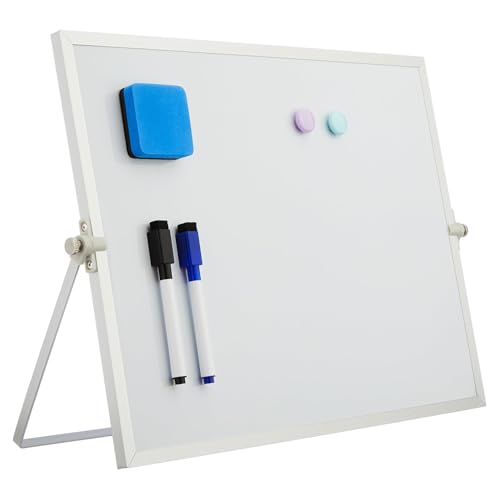 Image of Amazon Brand - Solimo Dry Erase Double-Sided White Board with 360 Rotating Adjustable Stand | Aluminium Frame | Accessories Included | Portable (30 x 40 cm)