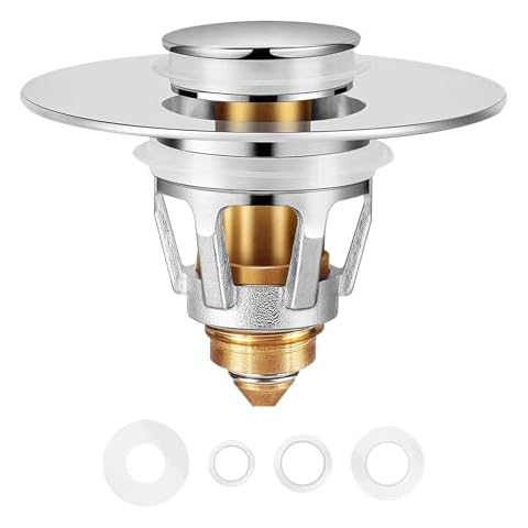Universal Bathroom Sink Stopper in Brass, 1.04-1.97 Inch Pop Up Basin Sink Drain Stopper, Sink Drain Strainer with Anti Clogging Filter Hair Catcher Cover
