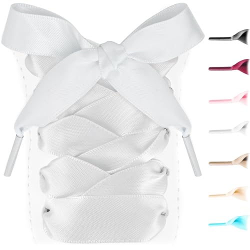 UamGlsob Lacets Ruban Plats Larges de 16 mm pour Baskets Samba et Gazelle, Motif Soyeux Tissé Uni, Lacets Satin pour Chaussures Femmes (White,54