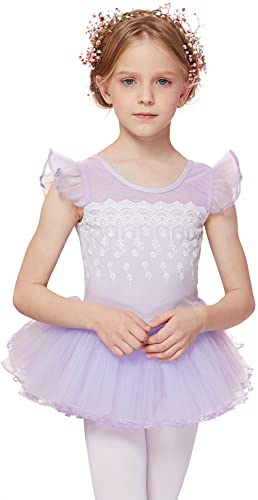 MdnMd Fly Short Sleeve Lace Dance Ballet Tutu Leotard Ballerina Outfit for Toddler Girls