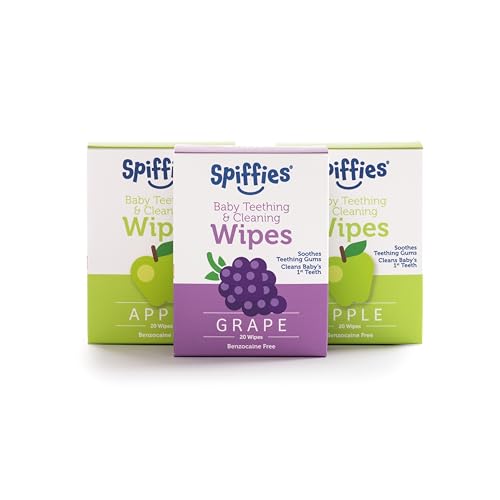 Image of Spiffies Baby Teeth Wipes - Apple & Grape Flavor Variety, Xylitol-Enriched Baby Gum Cleaner & Dental Wipes for Teething Relief and Teeth Cleaning - Safe for Infants & Toddlers, 20 Count (Pack of 3)