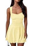 MIYIEONZ Women's Square Neck Ruffle Hem Mini Dresses Ruched Waist Slim Medium Yellow Sleeveless Corset Dress for Women Summer Short Party Dress