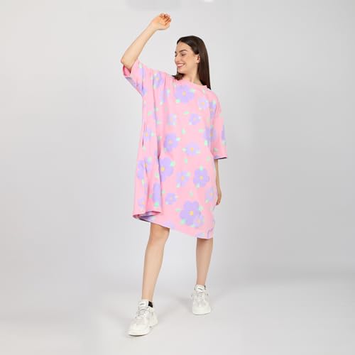 Image of LAMA STORE Women's Printed Oversized T-Shirt Dress, Cotton, 3 /4 Sleeve Length, Casual Loose Fit, Comfort Wear Extra Comfy Oversized Printed Pocket T-Shirt Dress
