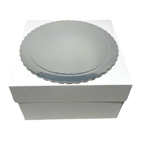 Decoración Dulce – Pack de 5 Bases para Tartas Extrafuertes de 20 cm + 5 Cajas para Tartas de 20.3x 20.3x 15 cm | Soporte Repostería Profesional | Transporte Seguro y Elegante (Plata)