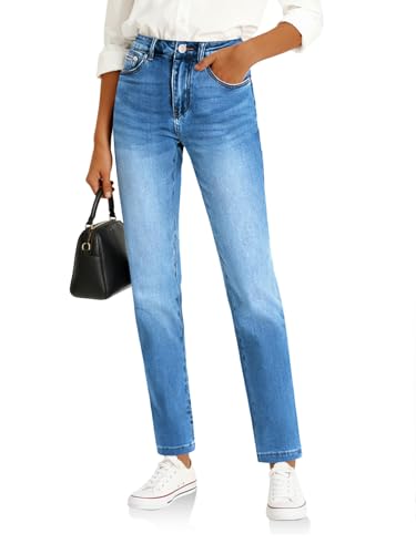 Image of Cicy Bell Womens Straight Leg Jeans High Waisted Mid Rise Stretchy Denim Pants Tapered Petite Jeans