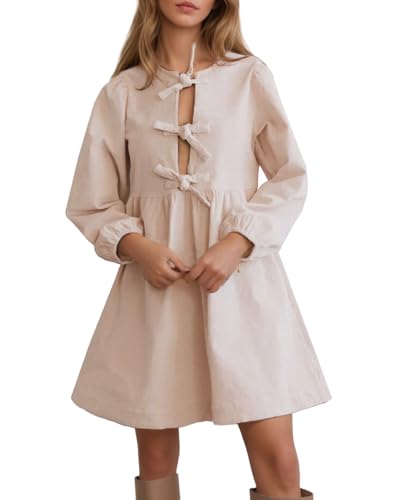 Kedera Women's Babydoll Corduroy Dress Long Puff Sleeve Bow Tie Front Ruffle A-Line Mini Dresses 2025