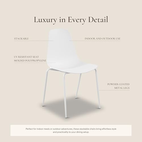 Image of Poly & BARK Isla Stackable Dining Chairs Set of 4 - Mid Century Modern Plastic Dining Chair with Metal Legs - Kitchen & Dining Room Chairs - Dining Table Chairs Set - Indoor /Outdoor - White