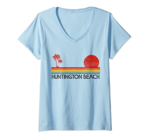 Donna Huntington Beach California CA Surfer Retrò Tramonto Vintage Maglietta con Collo a V