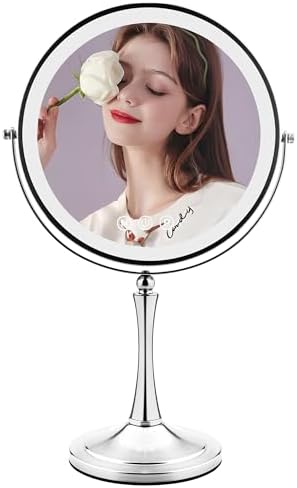 SLIMOON 10" Large Makeup Mirror with Lights, 1X/10X Magnifying Vanity Mirror with 3 Colors Dimmable Lightning, 96 LED Lights, 360°Rotation Double Sided Standing Desk Mirror