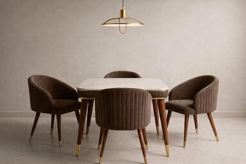 Image of WOODEN SPACE Majestic 4 Seater Wooden Dining Table Set | Urban Marble Top Dining Table with Chairs for Dining Room & Kitchen (Brown 1)