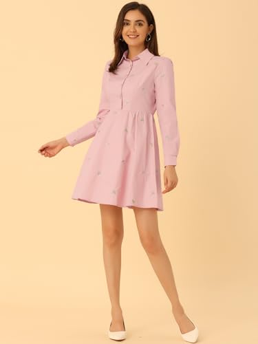 Image of Allegra K Women's Shirt Dress A Line Embroidered Floral Mini Dresses | Casual, Collar, Long Sleeve, Button Down, Half Placket, Invisible Zipper, Knee Length