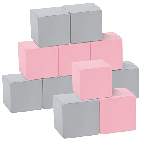 TRENDBOX Cubos de espuma para niños, 12 bloques de espuma suave de 5.5 pulgadas con cubierta lavable desmontable, bloques de apilamiento suave para bebé (gris claro y rosa)
