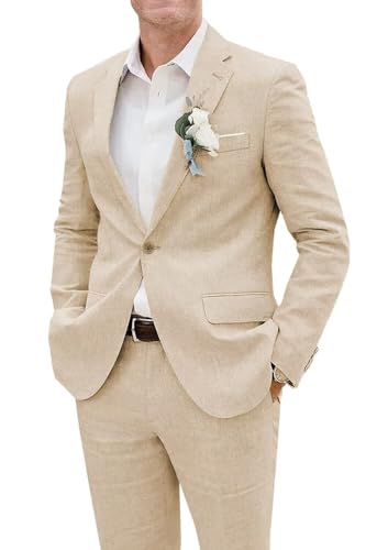 Men's Linen Casual Suits Retro 2 Piece Wedding Suit Tuxedo Slim Fit Summer Beach Groomsmen Blazer Jacket Pants Set
