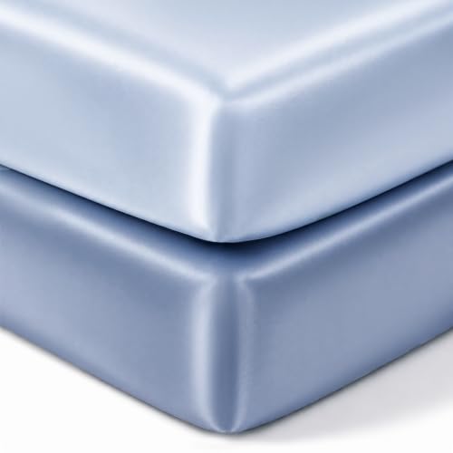 Image of 2 Pack Satin Crib Sheets for Baby Hair Care - Oeko-TEX Certified Silky Soft Fitted Mattress Cover 28x52 - Breathable & Gentle on Skin, Snug Fit for Standard Crib (Light Blue & Haze Blue)