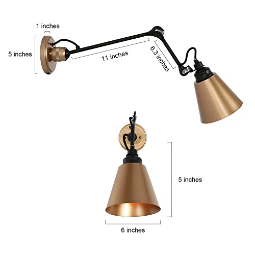 Image of LALUZ Sconce Wall Lighting, Swing Arm Wall Sconce Set of 2, Mid Century Adjustable Wall Mounted Light Fixtures for Bedroom, Living Room, Black and Dark Gold Finish