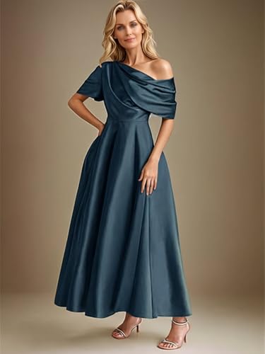 Women's Satin Mother of The Bride Dresses Off Shoulder A-Line Tea Length Formal Dress with Pockets4
