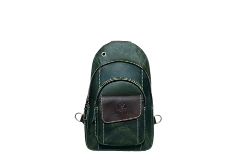 The Tannery Handmade Buffalo Leather Multipurpose Travel Hiking Crossbody Chest Backpack with Adjustable Shoulder Strap (Green, Small)