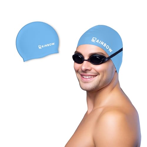 Image of Rainbow Silicone Swimming Cap for Men, Women & Kids | Stretchable Swim Cap for Long & Short Hair | Durable, Waterproof & Comfortable Fit - Blue