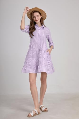 Image of utcoco Womens Striped Button Down Midi Shirt Dress Casual Loose Cuffed Long Sleeve Mid Long Dresses
