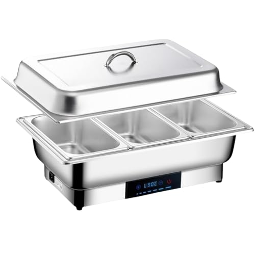 Acnivkoビュッフェサーバー 保温ジャー9L/13.5Lスープジャー 大容量 業務用電気フードウォーマー 電気加熱 湯煎式 温度制御 保温ミールストーブ ホットプレート フードウォーマー ステンレス製 110v 業務用 (3コンバ-トメント9L,ステン