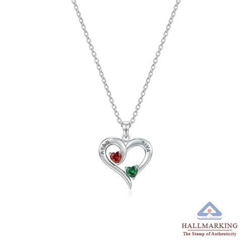 Image of TRUESILVER ACPL 925 Sterling Silver Personalized Photo Necklace for Women | Custom Couple Heart Pendant with Name Date & Birthstone | Engraved Picture Necklace Gift for Wife Mother Anniversary Birthday