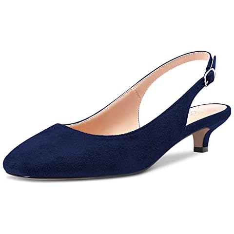 NobleOnly Stiletto Low Kitten Heel Close Toe Slip-on Pumps Court Shoe Slingback Buckle Dress Sandals 3.5 cm Heels Shoes Navy Blue 6.5 UK Cover