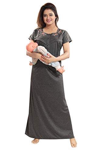 Image of Fabme Women's Cotton, Nursing, Feeding, Maternity Nighty - Grey - Pack of 1