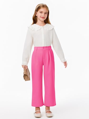Image of Haloumoning Girls Uniform Pants Kids High Waisted Wide Leg Dress Pants Casual Trousers with Pockets 5-14 Years
