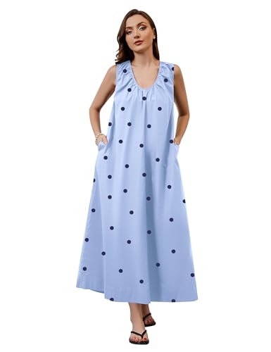 Image of Women Sleeveless Ruched Maxi Dress Scoop Neck Long Elegant Dresses Wide Shoulder Strap Blouse Dress with Side Pockets