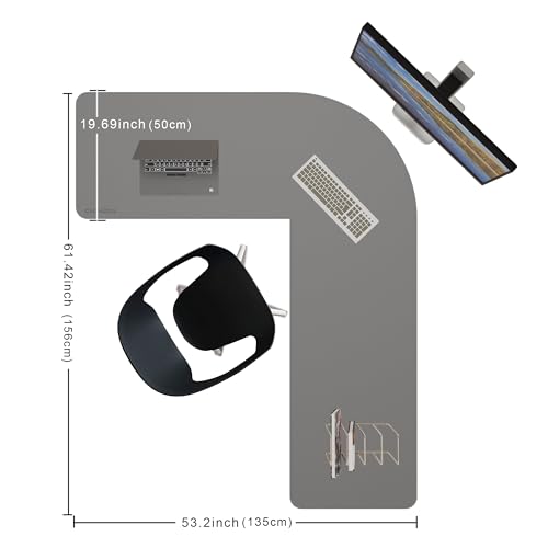 Image of Chihein 53.2 inch x 65 inch x 19.7 inch L Shaped Leather Desk Mat - Big Gaming Corner Desk Pad, Non-Slip Waterproof Surface, Easy to Clean, Perfect for Office, Home (Gray /White)