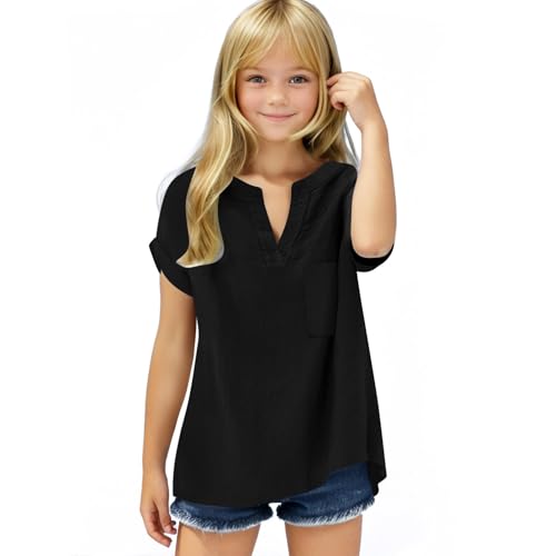 Girls Casual Summer Cotton Linen T-Shirt Kids Basic V Neck Short Sleeve Tween Trendy Beach Vacation Blouse 5-15 Years