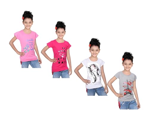 Image of indi weaves Girls Pure Cotton Chest Printed Half Sleeves Round Neck T-Shirts (Pack of 4)