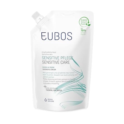 DUCHA & CREMA DE EUBOS CUIDADO SENSIBLE para rellenar: la loción de lavado que cuida en la ducha | Pieles sensibles | Con agua termal que calma la piel | Vegana | 400ml