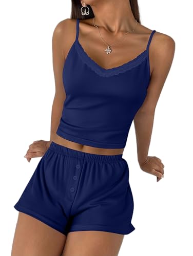 Image of Ekouaer Cami Pajama Sets Y2K 2 Piece Lace Crop Top and Shorts Sexy Pjs Summer Lingerie Sleepwear Nightwear for Women